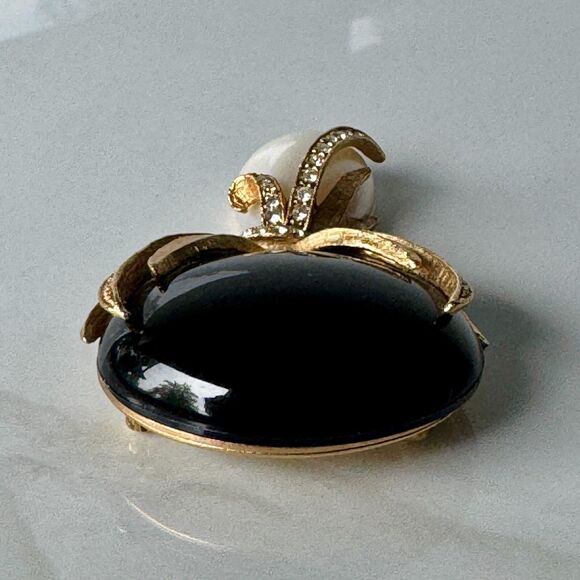 Vintage Designer Oscar de la Renta Black Glass Pearl Facet Crystal Dangle Brooch - Picture 4 of 14